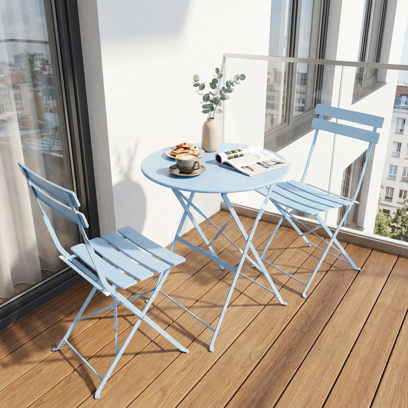  3-piece Folding Bistro Set, Powder Coated Weatherproof Patio Furniture Set, Outdoor Table And Chairs Set Of 2 For Patio, Garden, Balcony, Space Saving, Blue