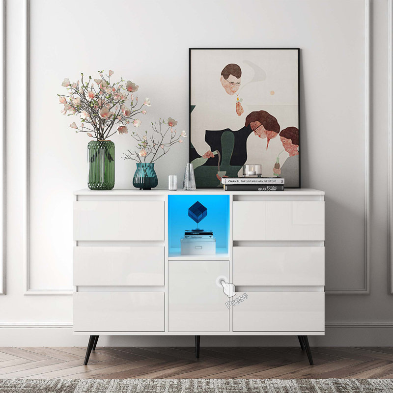 Modern White Gloss Sideboard Cabinet With Advanced Storage And LED Lights