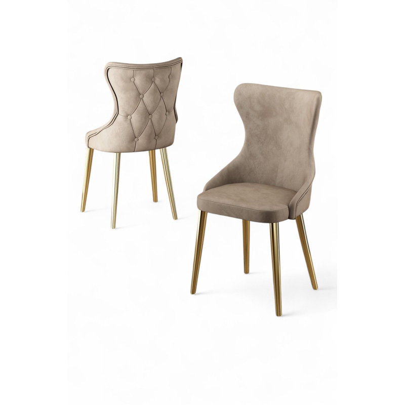 Ensemble de chaises élégantes 6 pièces, cappuccino et or | Structure 100% métal, envers en contreplaqué, tissu Babyface | Dimensions: 17,7 po x 35,8 po x 18,1 po | Sièges en mousse: dossier 22 sièges et siège 28 sièges | Design moderne et glamour pour une salle à manger ou un salon élégant