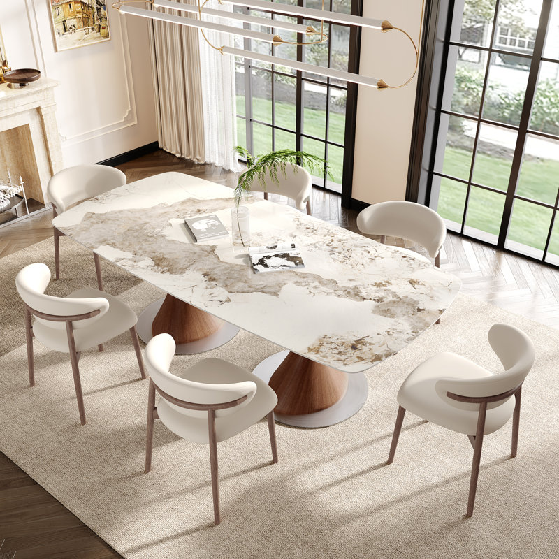 93.7"/86.6" Double Trestle Dining Table, Premium Sintered Stone Top in High-Gloss Amber/White, Solid Wood Base on Heavy-Duty Carbon Steel Discs, 8-10 Person