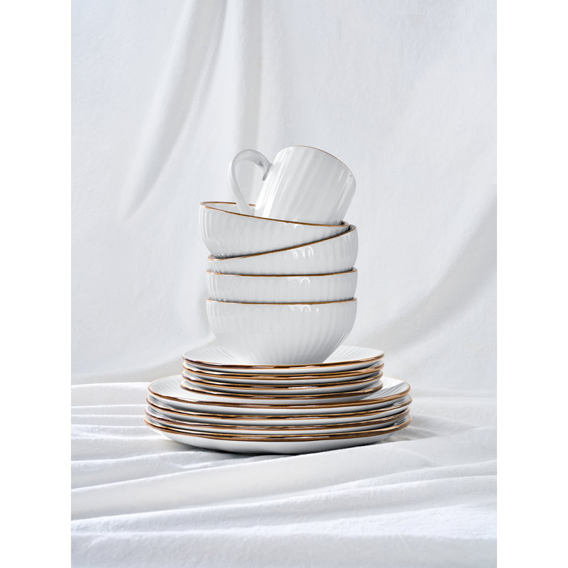 24 Piece Stoneware Dinnerware Set, Plates and Bowls Set for 8, Striped