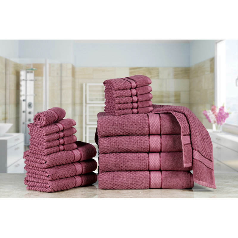 Collection de serviettes texturées 100% coton Mulaayam, Ensemble de serviettes 18 pièces, Mauve raisin