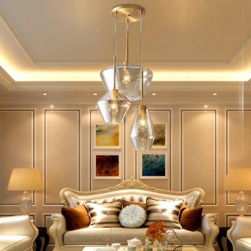 Luminaire suspendu en verre 3 lumières champagne doré - cordon réglable, luxueux plafonnier (sans ampoule)