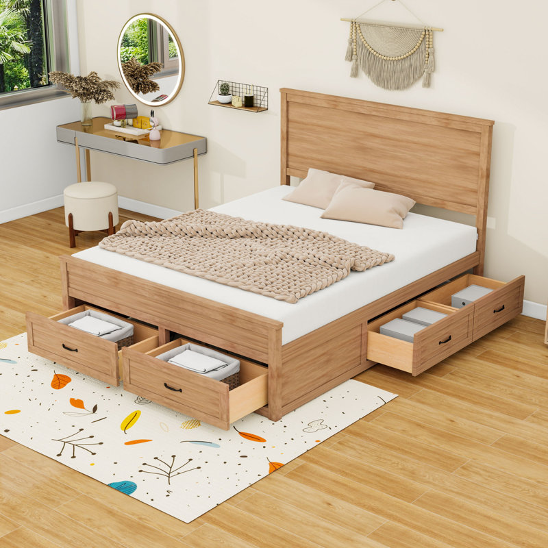 Grand lit plateforme en bois avec tiroirs de rangement, tête de lit et lattes, Dérive en mer