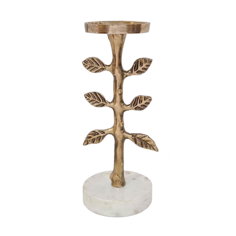 Gold Branch Pillar Holder With Leaf Accents And White Marble Base, 10.5" H x 3.9" W x 3.9" D