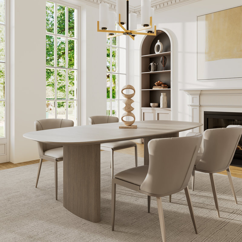 Ensemble de table de salle à manger ovale moderne gris de 86 po avec 6 chaises d'appoint en tissu beige
