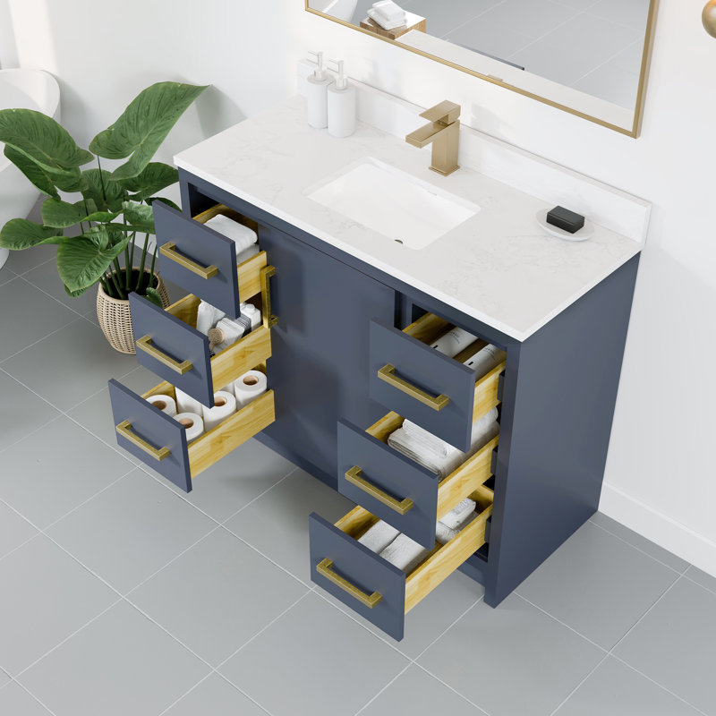 Ilsa 42"W X 18"D Bathroom Vanity With White Carrara Quartz Countertop And Undermount Porcelain Sink, Dark Blue