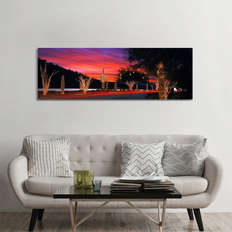 Christmas Lights On Roadside Cacti & Trees, Phoenix, Arizona, USA - Wrapped Canvas Panoramic Print, 182.88 cm H x 60.96 cm W