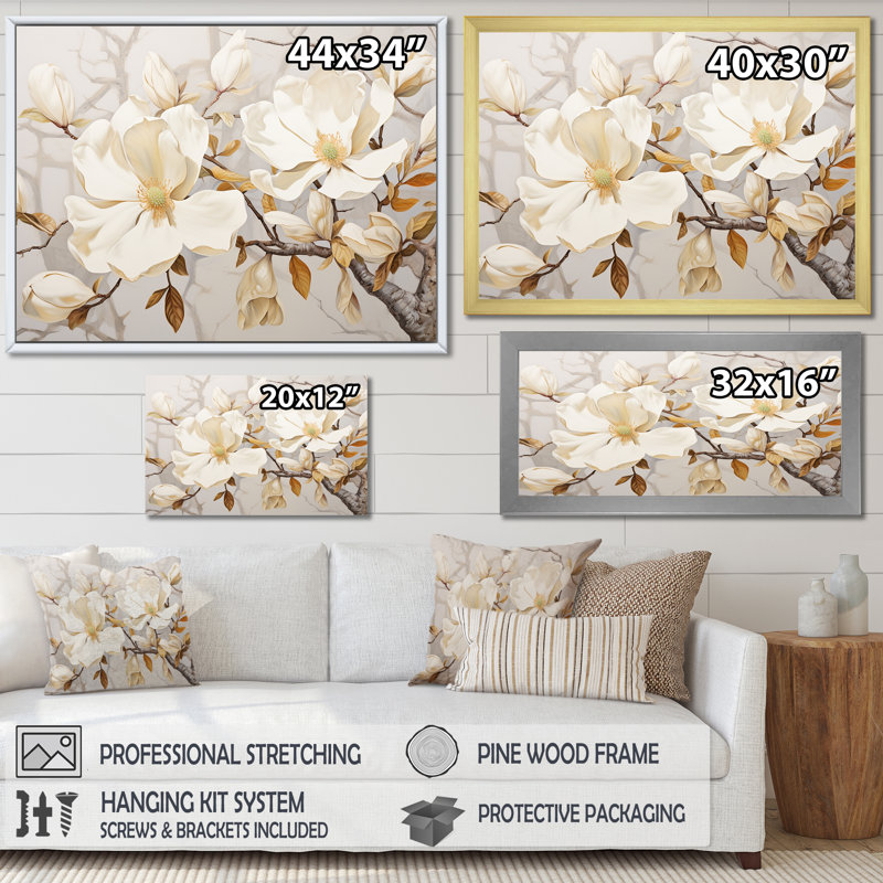 Décoration murale élégante Magnolias Serenyt - Magnolias, Cadre flottant blanc, H 34 po x l 44 po x P 1,5 po