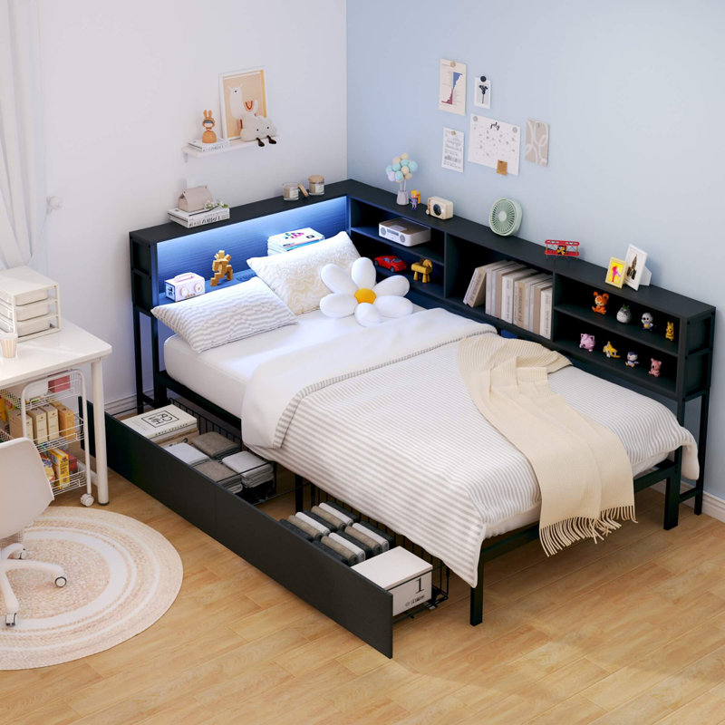 Twin Corner Daybed With Storage Bookcase, Drawers, LED Lights & Charging Station For Kids Bedroom, Black