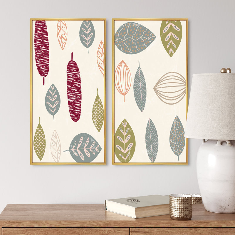 Ensemble de 2 peintures japonaises, "Creative Leaves IV", H 20 po x l 24 po x P 1 po, Toile avec cadre doré