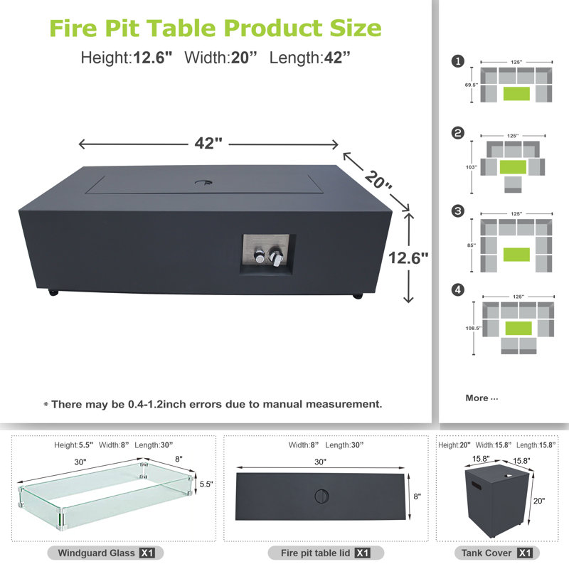 Table de foyer d'extérieur au gaz au propane en métal H 12,6 po x l 42 po Joycie, Noir mat