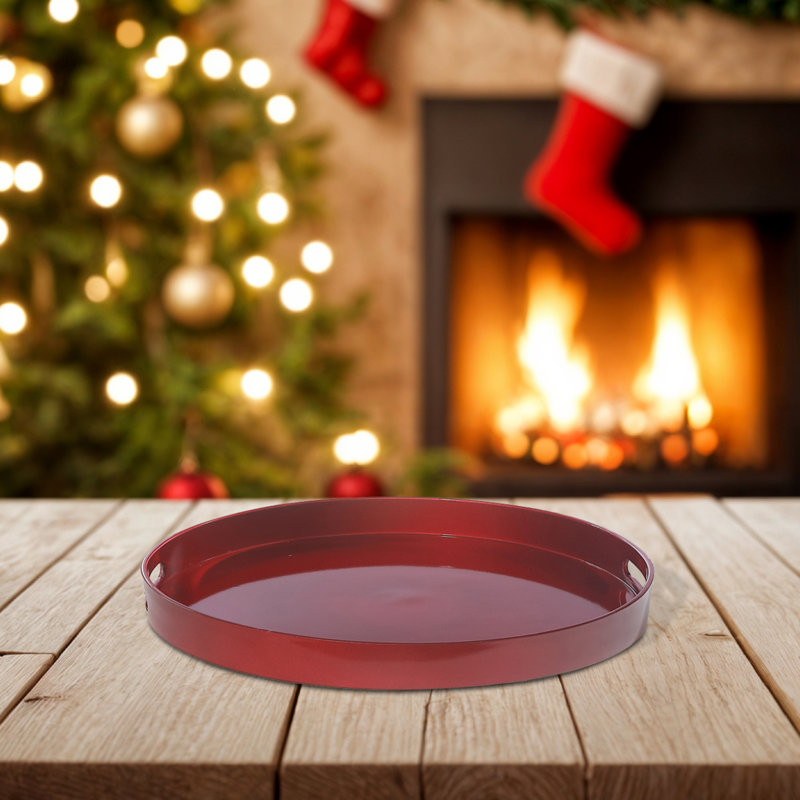 Round Serving Tray With Handle, Red