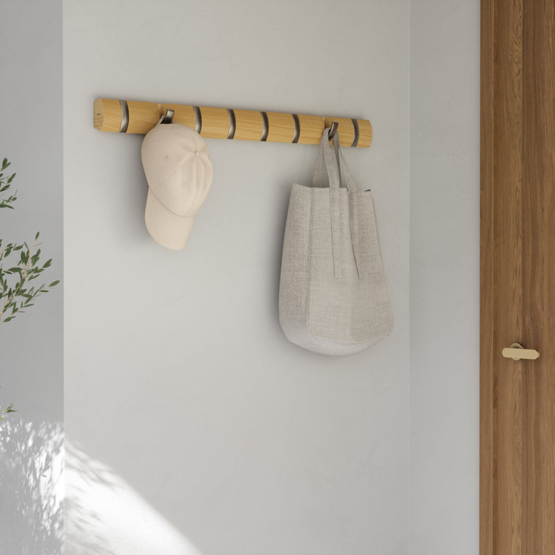 Flip 8-Hook Wall-Mounted Coat Rack, Solid Wood with Flip-Down Hooks for Entryway, Bedroom, Office, Natural