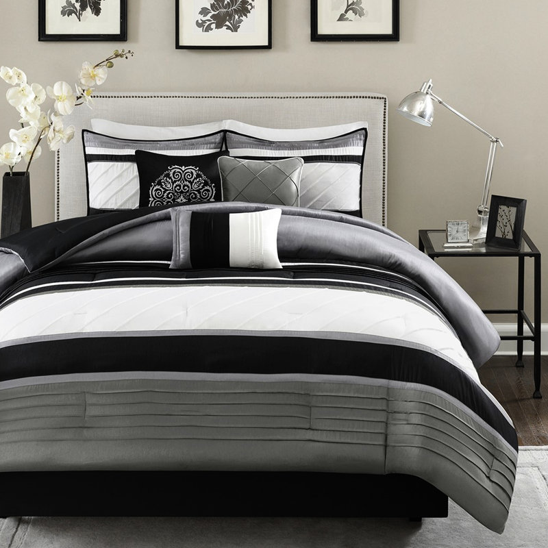 Édredon 7 pièces gris pour très grand lit - rembourré de style traditionnel avec édredon, taies décoratives et coussins décoratifs