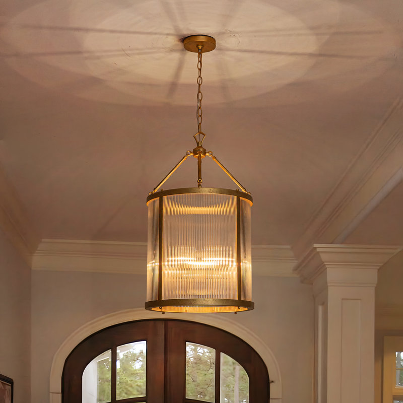 Qudarius 4-Light Dimmable Iron Drum Chandelier, Antique Gold, Ribbed
