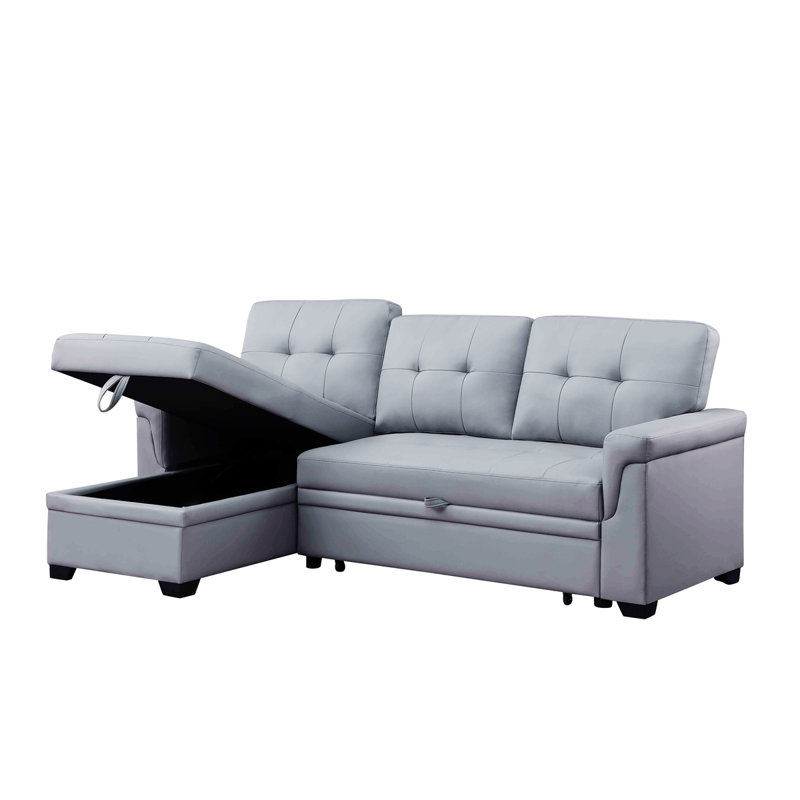 Beuna 83.5" Modern Reversible Sleeper Sectional Sofa with Storage Chaise, Gray Faux Leather