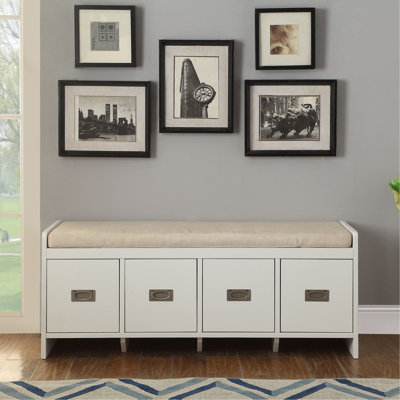 Banc beige et blanc avec rangement - 4 tiroirs, coussin confortable, assise stable de style moderne avec revêtement en bois, finition bois