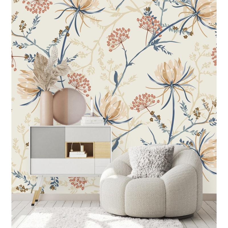 Panneau de papier peint adhésif floral beige L 8,33 pi x l 100 po, L 8,33 pi x l 100 po