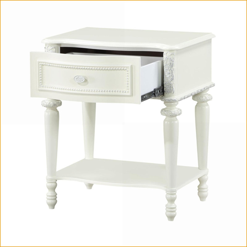 Table de chevet ivoire à 1 tiroir avec motif floral Tablette
