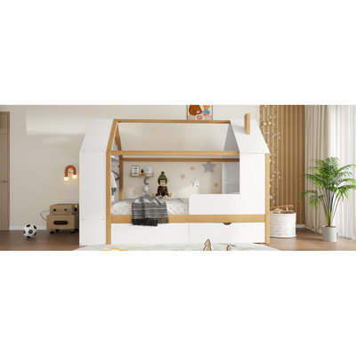 Lit plateforme simple avec tiroirs, lit maison en bois massif avec tablettes, conception enfantine, blanc et naturel