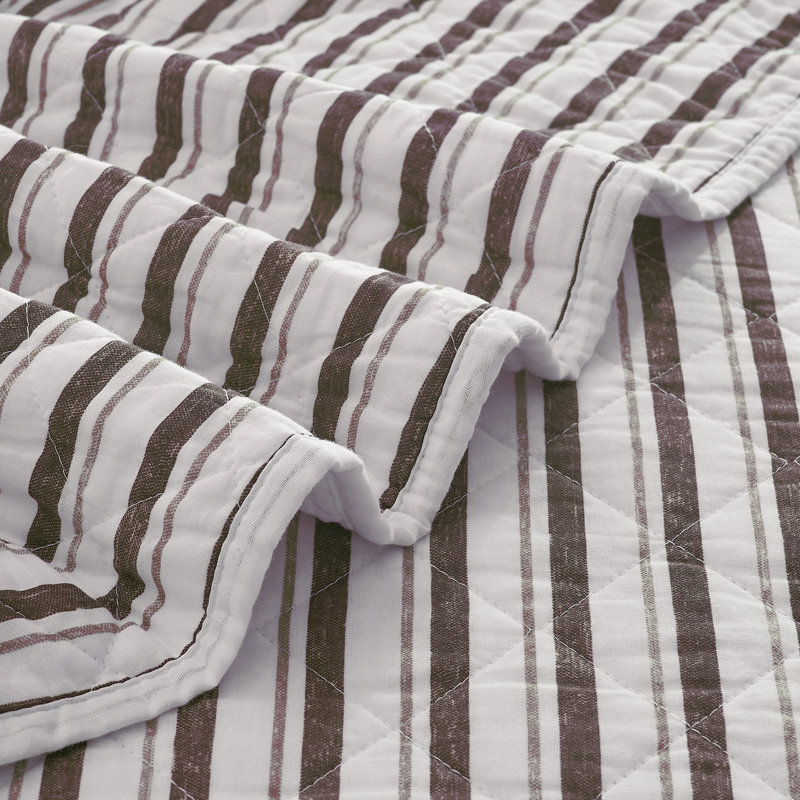 Queen Size White and Brown Striped Cotton Quilt Set with Shams and Throw Pillows