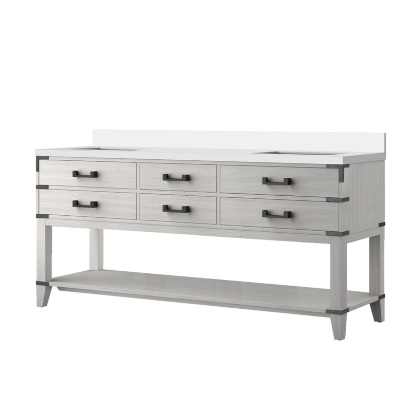 Meuble-lavabo double en chêne blanc 72 po X P 22 po D, avec plateau en marbre de culture, Chêne blanc, 72"