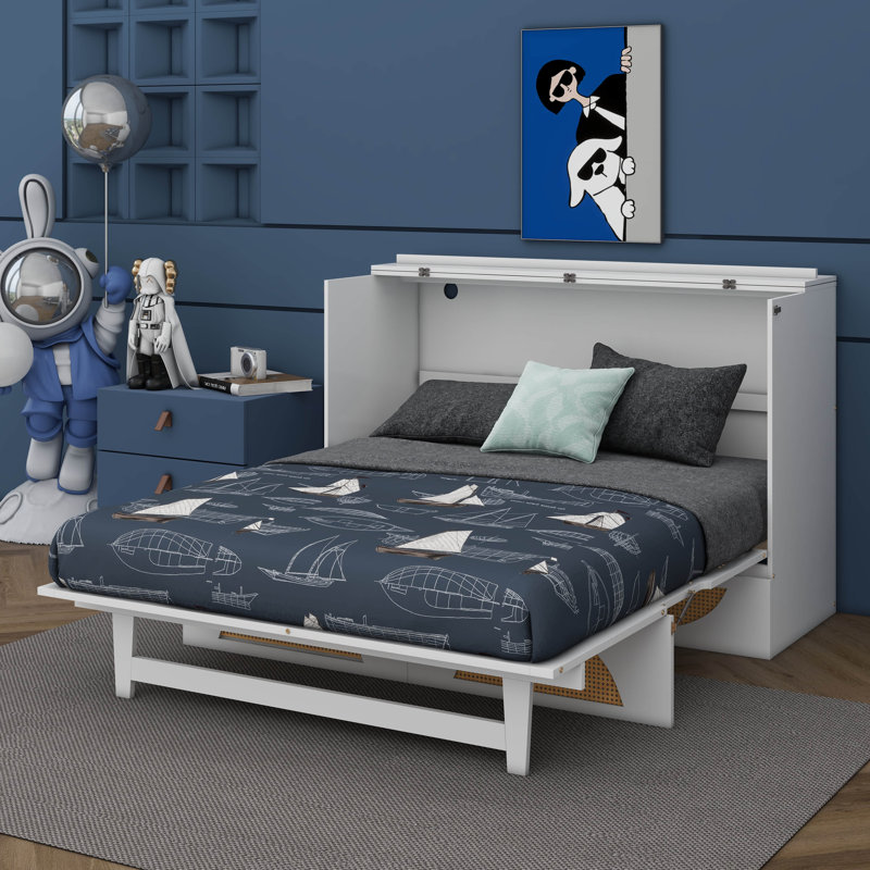 Un lit escamotable avec tiroir spacieux, ports USB et prises électriques, Grand, Blanc