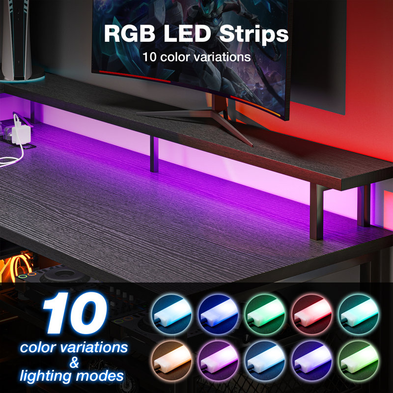 Latarya 59''W L-Shaped Desk with Steel Storage Shelves,Reversible Computer Desk with Built-in Outlets and LED Strip Lights