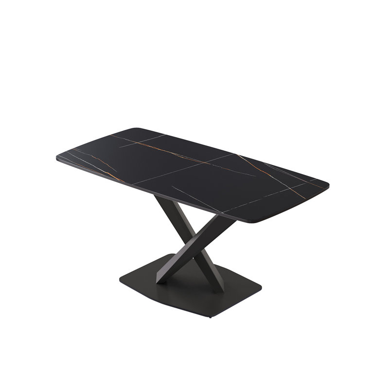 Table de salle à manger rectangulaire moderne en pierre frittée de 63 po avec pieds en métal noir, Scratch, facile à nettoyer, base en fer de 63 po pour 6 personnes, résistance aux hautes températures, sièges