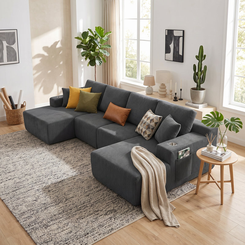 Canapé modulaire en U avec méridienne Denelle, Gris