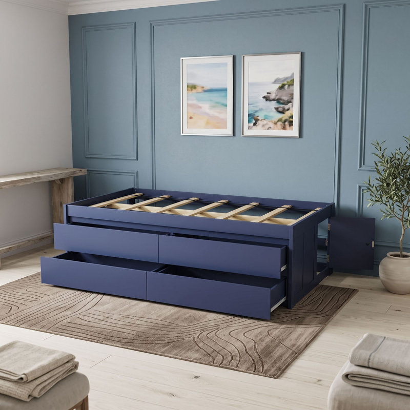 Cadre de lit plateforme à 4 tiroirs avec sommier à lattes et porte de rangement latérale, Twin, Navy Blue