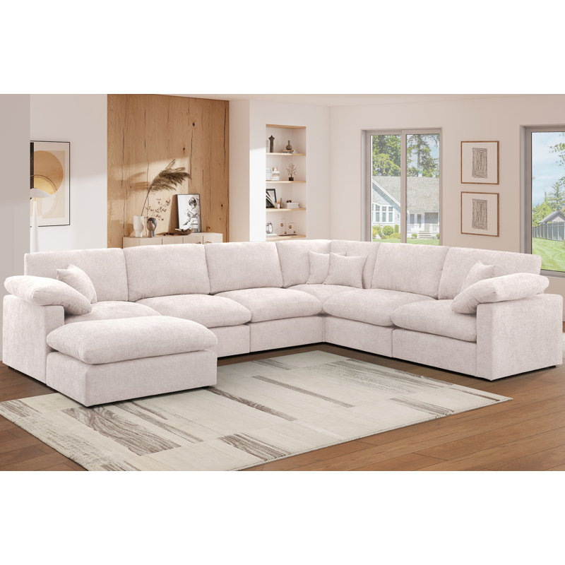 Canapé modulaire réversible d'angle en chenille 7 pièces avec repose-pieds amovible, Chenille beige