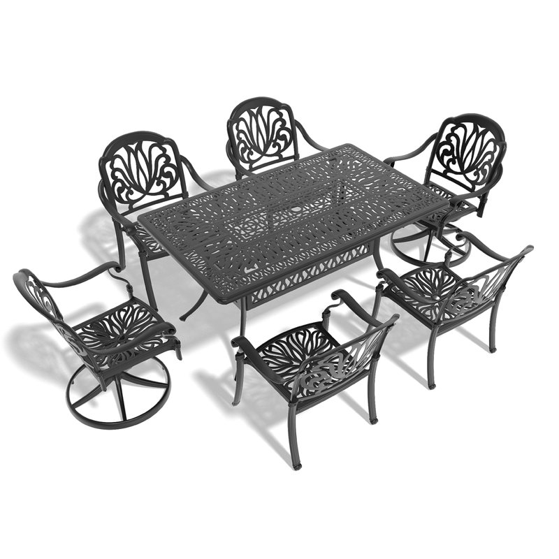 7-Piece All-Weather Cast Aluminum Dining Set, Include 2 Swivel Chairs,4 Dining Chairs And Rectangular Table With Black Frame(Same Sku:W1710S00367)