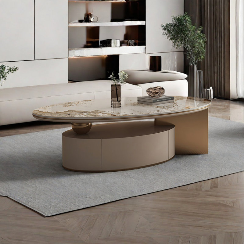 Table basse ovale légère et luxueuse, 16.5" H x 55.1" L x 31.5" W, Gold/White