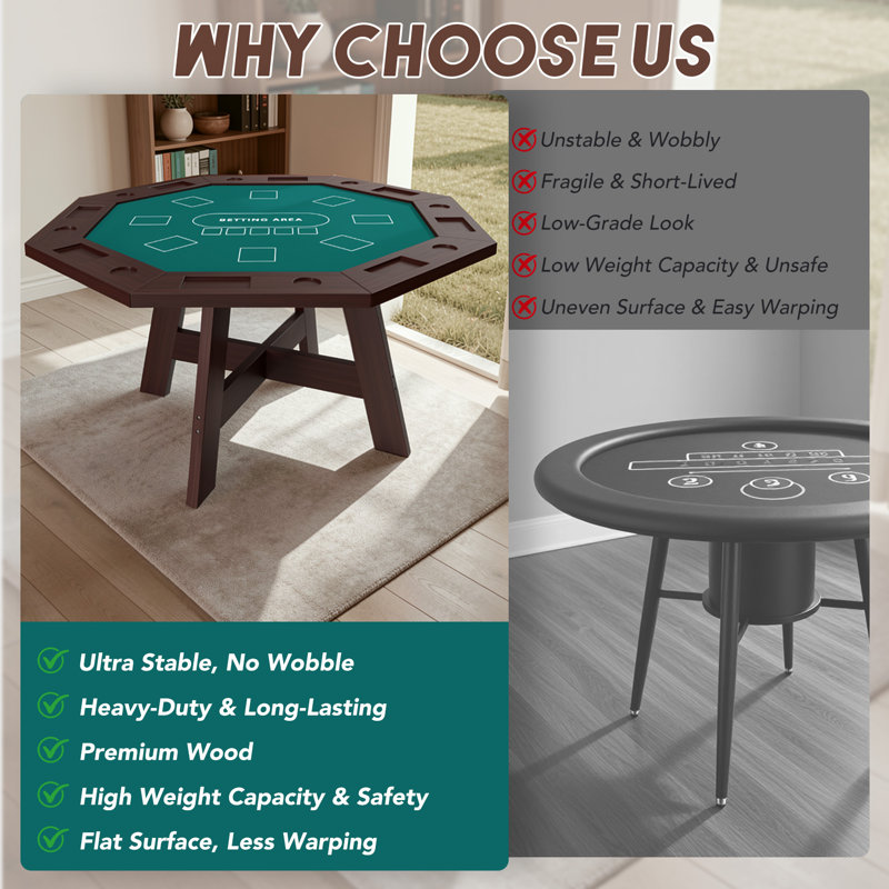 8 - Player Solid Wood Poker Table Game Table With Cup Holder