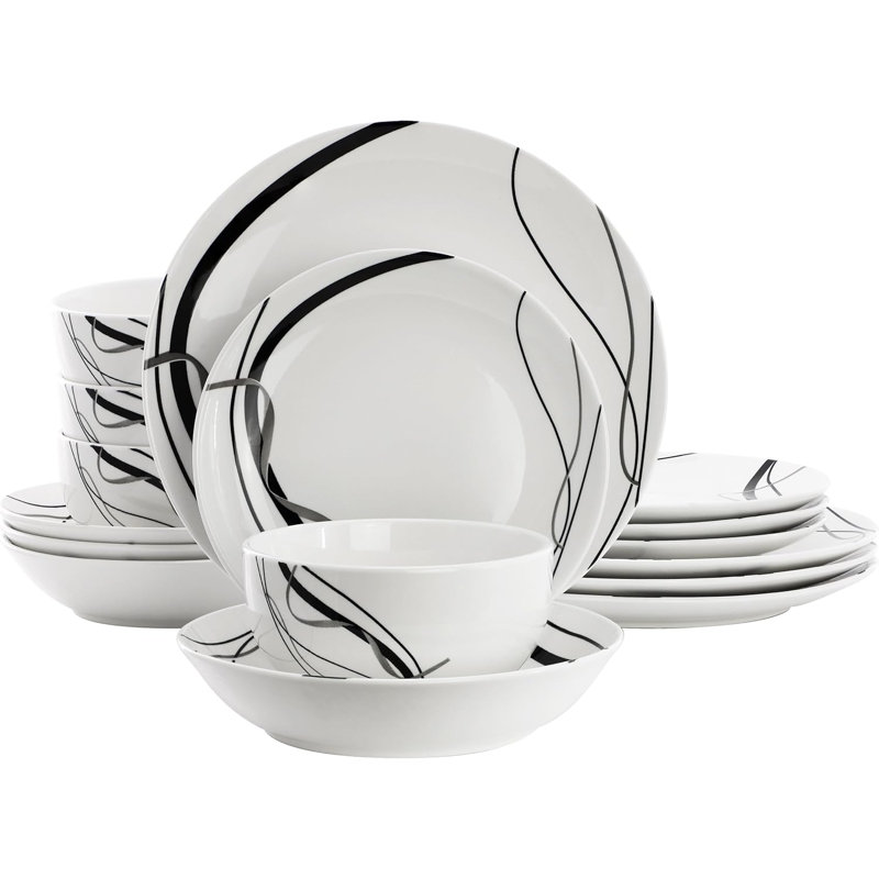 Service de vaisselle en porcelaine pour 4, assiettes et bols en ruban noir et blanc, ensemble de vaisselle allant au micro-ondes et au lave-vaisselle 16 pièces