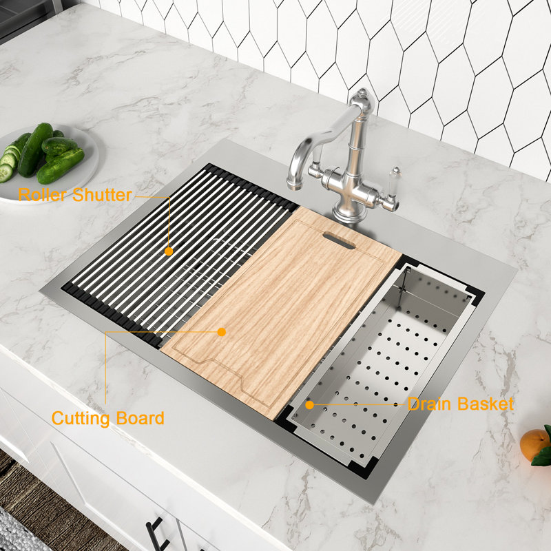 30"W Drop-in Single Bowl Stainless Steel Kitchen Sink with Workstation