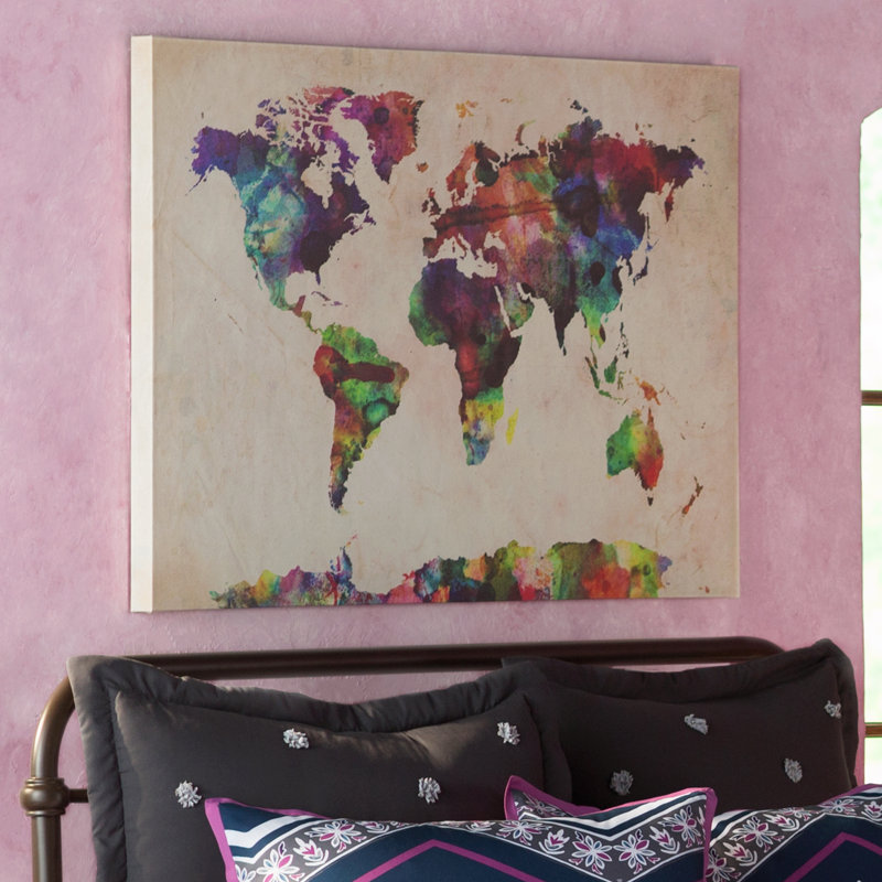 " Urban Watercolor World Map " by Michael Tompsett, 30" H x 47" W