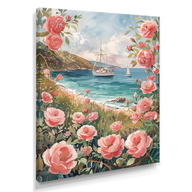  «Pink Rose Garden Coastal Beach - Art mural côtier, Toile tendue, 20" H x 12" W