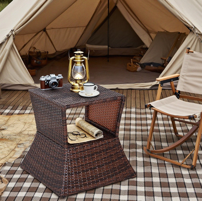 Outdoor Side Table With Umbrella Hole, Rattan Wicker End Table