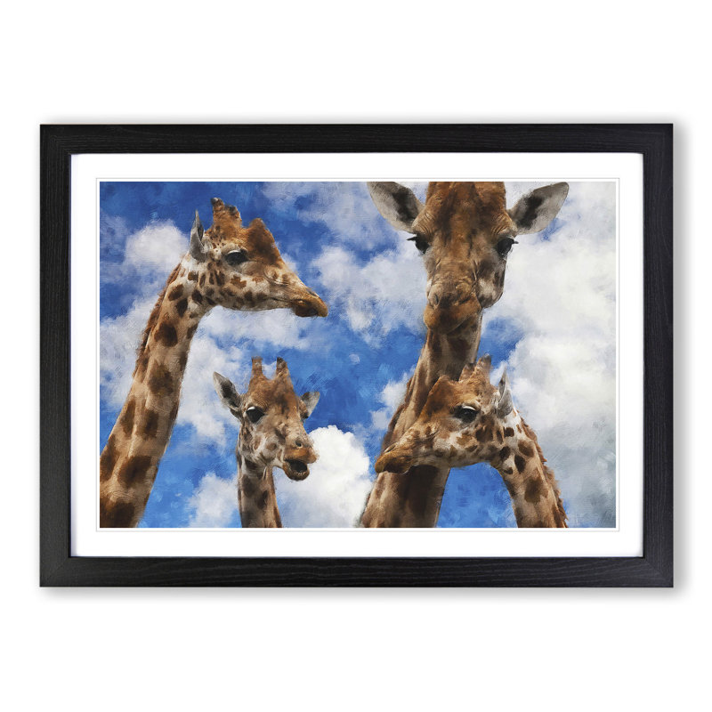 Four Giraffes - Picture Frame Painting, 27cm H x 36cm W x 2cm D, Black Framed