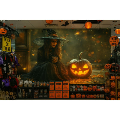 Murale sorcière et citrouille-lanterne - Papier peint d'Halloween effrayant pour une fête ou un magasin