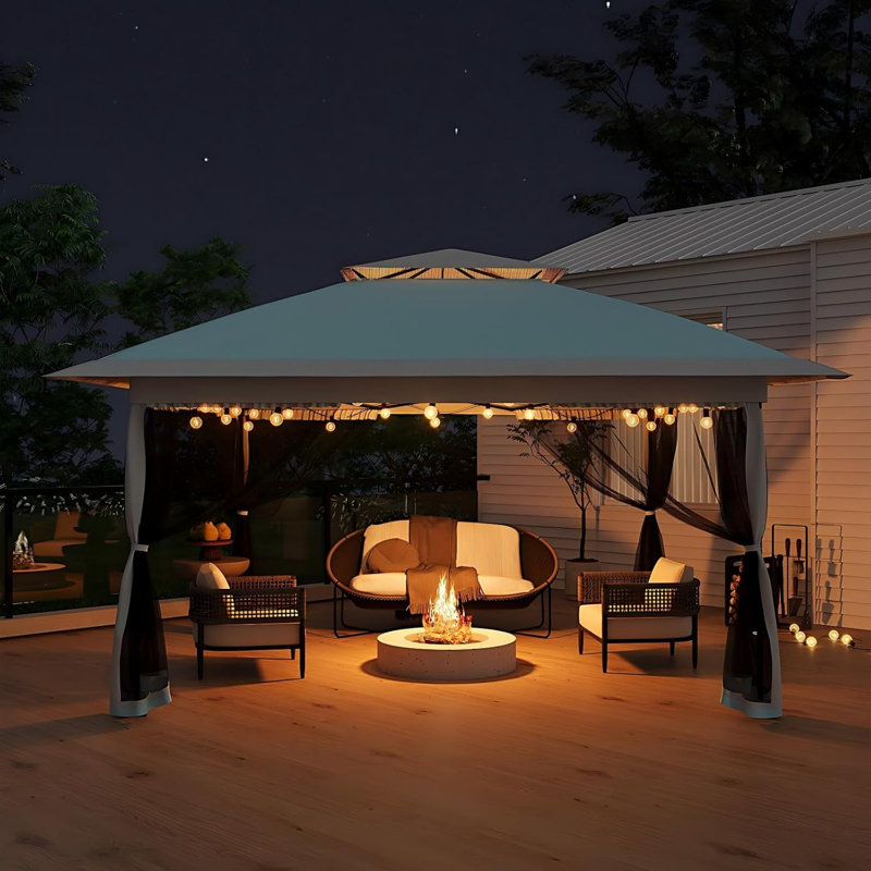 3x3m Double Top Pop Up Gazebo with Mesh Sidewalls, Waterproof Polyester Instant Canopy Shelter with Sandbags for Patio, Backyard, Wedding and Outdoor Party,Light Blue