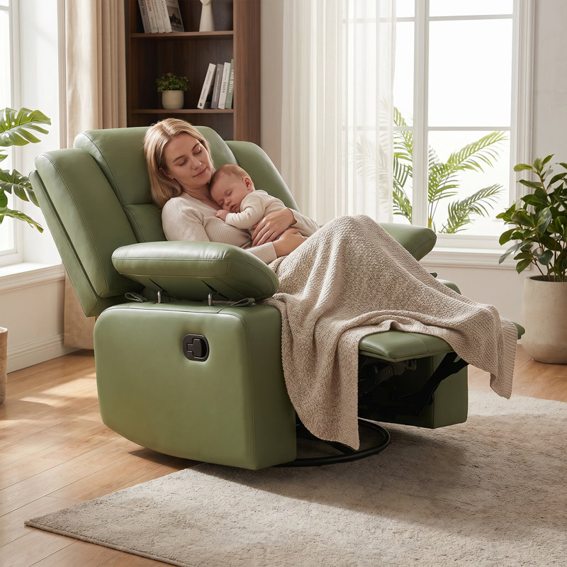 34”W Upholstered Swivel Reclining Rocking Chair, Green