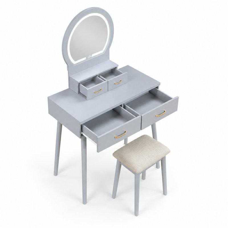 Ensemble de coiffeuse à maquillage 4 tiroirs Kamila, Gris