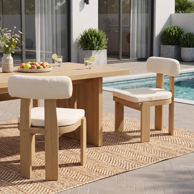 Chaise de salle à manger moderne Zevian en bois d'acacia massif avec dossier et siège à coussin roulé, pour usage intérieur et extérieur