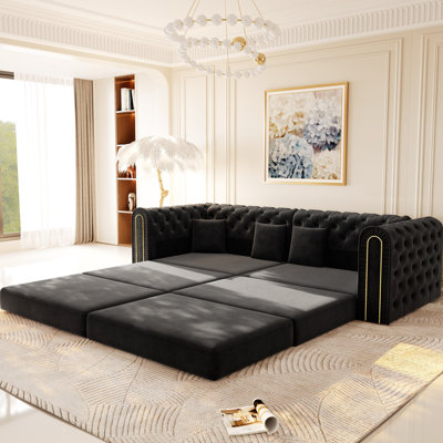 Modern Velvet Sofas With Movable Ottoman, 3-in-1 Convertible For Living Room