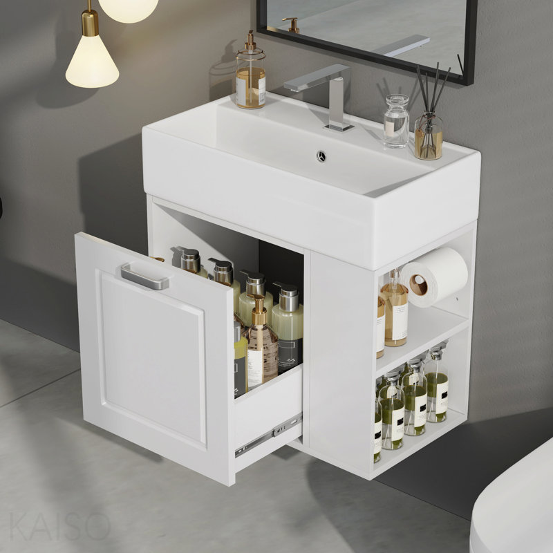 21.8 Inch Bathroom Vanity With Sink, Wall Mounted Floating Cabinet, One Big Drawer, Adjustable Shelf, Toilet Paper Holder, Soft-Close System, White