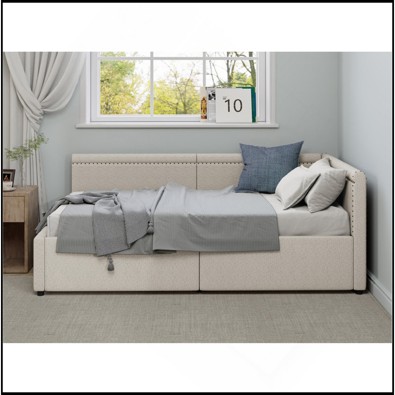Modern Style Twin Size L Shape Corner Bed, Linen Upholstered  Daybed  With Two Storage Drawers, Beige